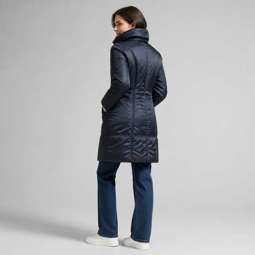 Via Spiga Black Long Down Puffer Coat Women's M Knee Length Stand Collar